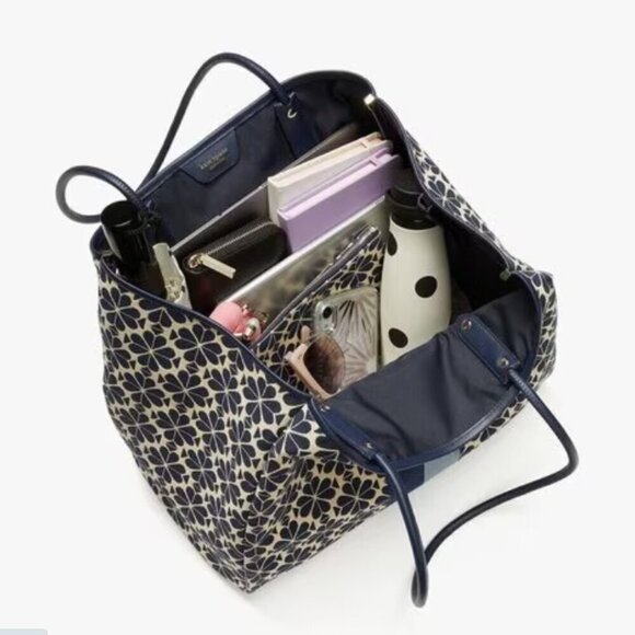 Kate Spade Everything Tote Large Flower Jacquard Stripe Blue Wristlet Adjustable - Picture 5 of 11